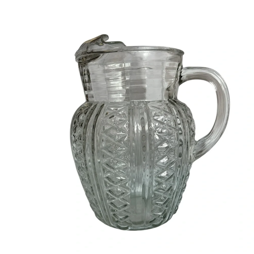 VINTAGE Pitcher Jug MCM Elegant Clear Glass Diamond Pattern Large 9 inch Tall